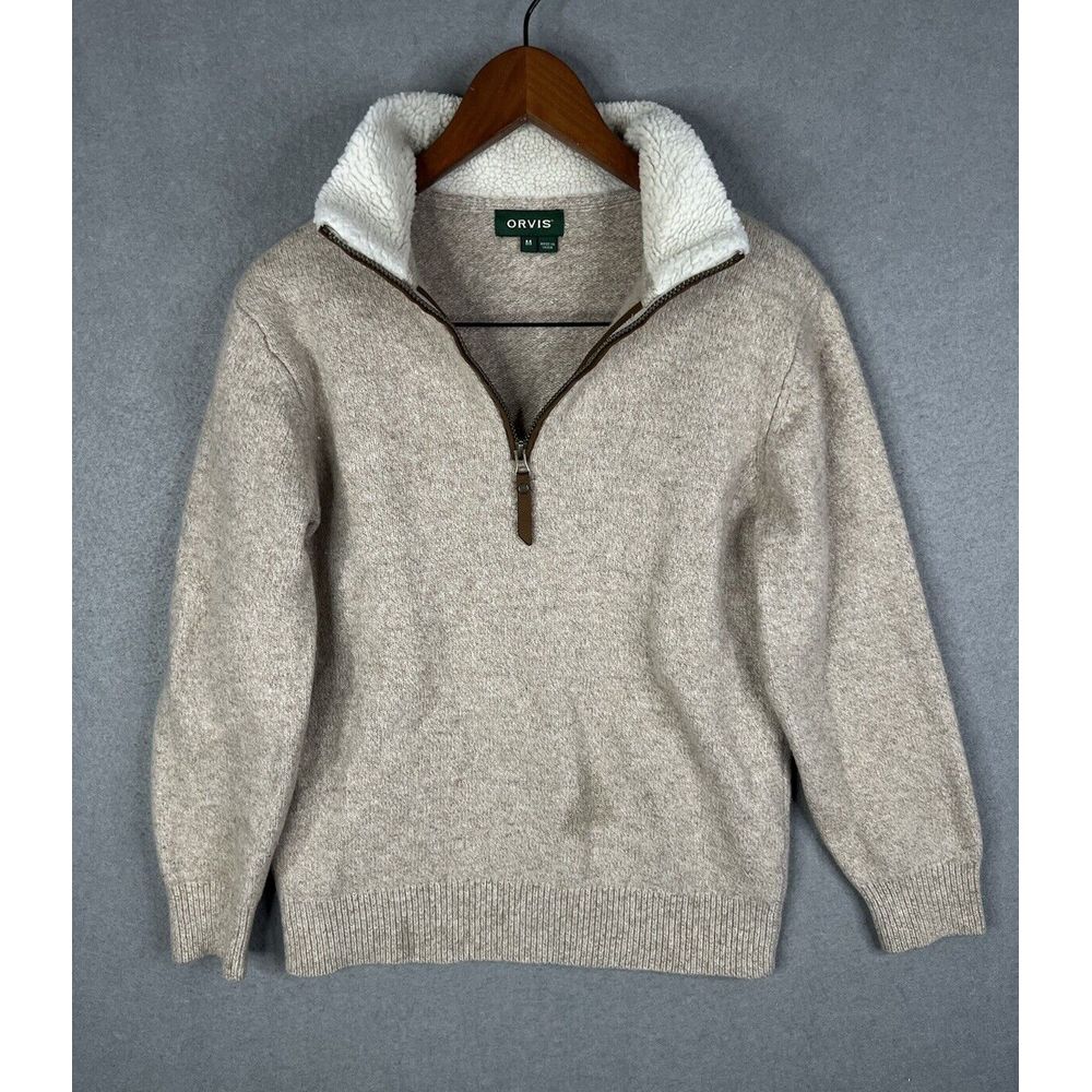 Orvis Sweater Mens Large Beige Stowe 1/4 Zip Lambs Wool Sherpa Leather Collar - Picture 2 of 9